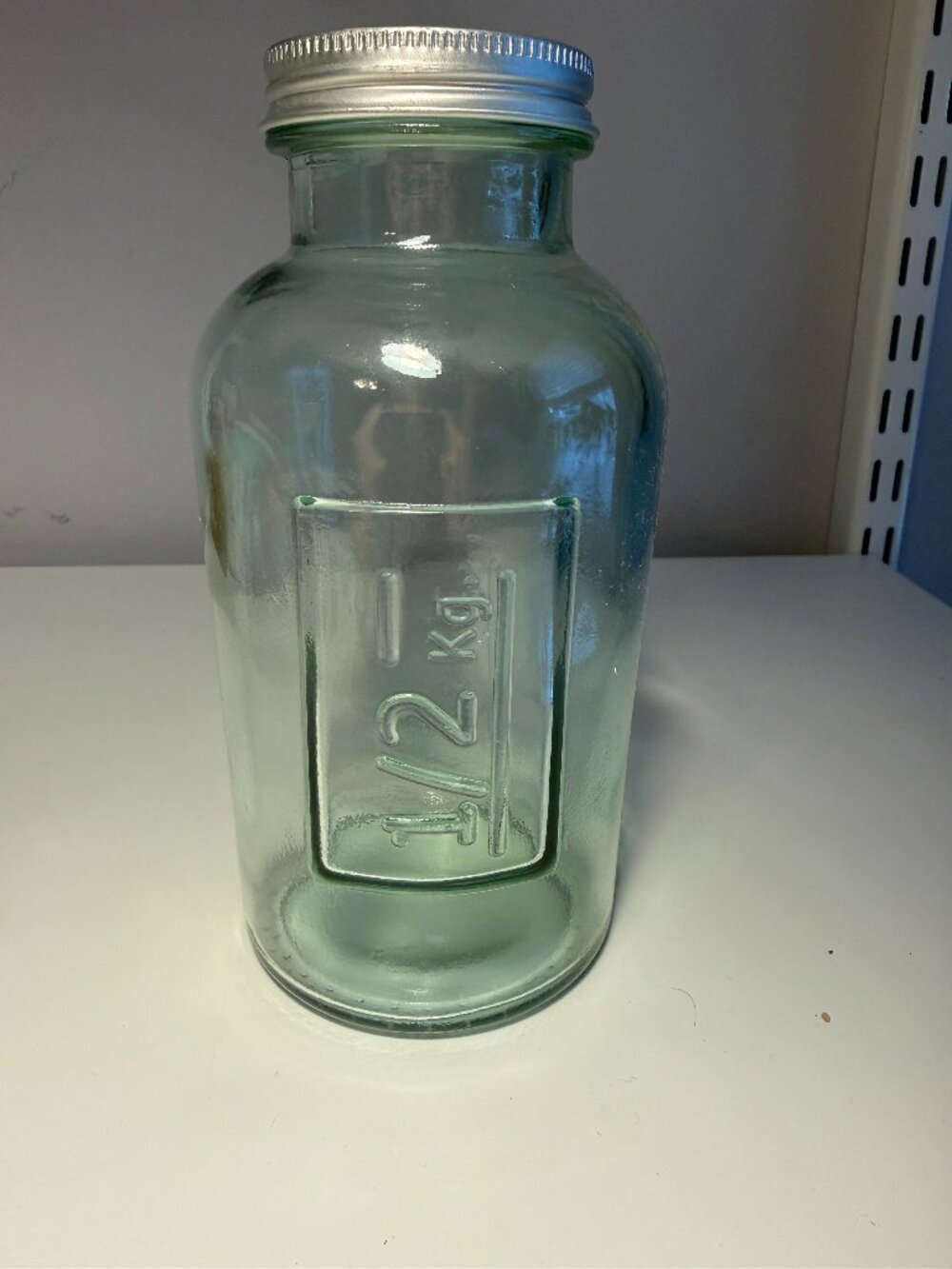 Vintage Recycled Green Glass Jar 1/2 kg Embossed Apothecary Storage Canister